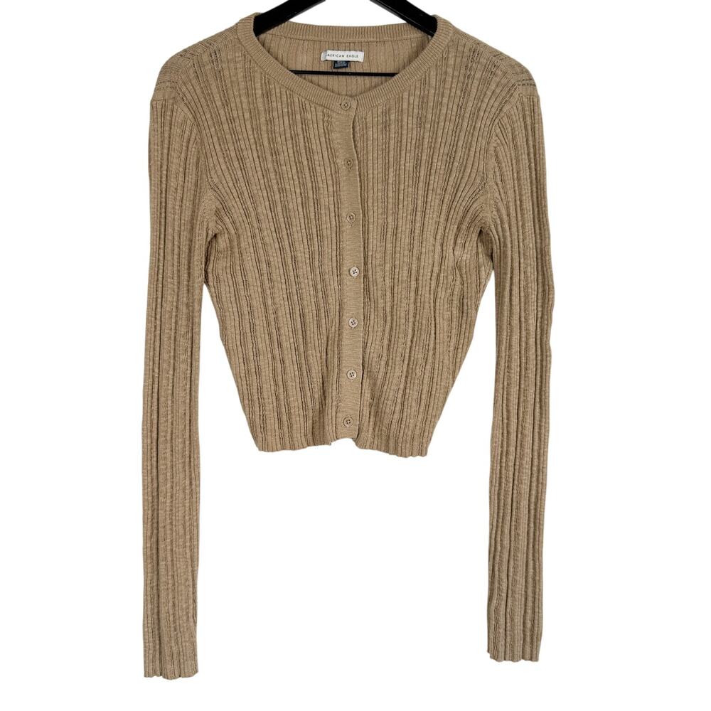 American Eagle Crop Ribbed Cardigan Sweater Beige Fitted - M